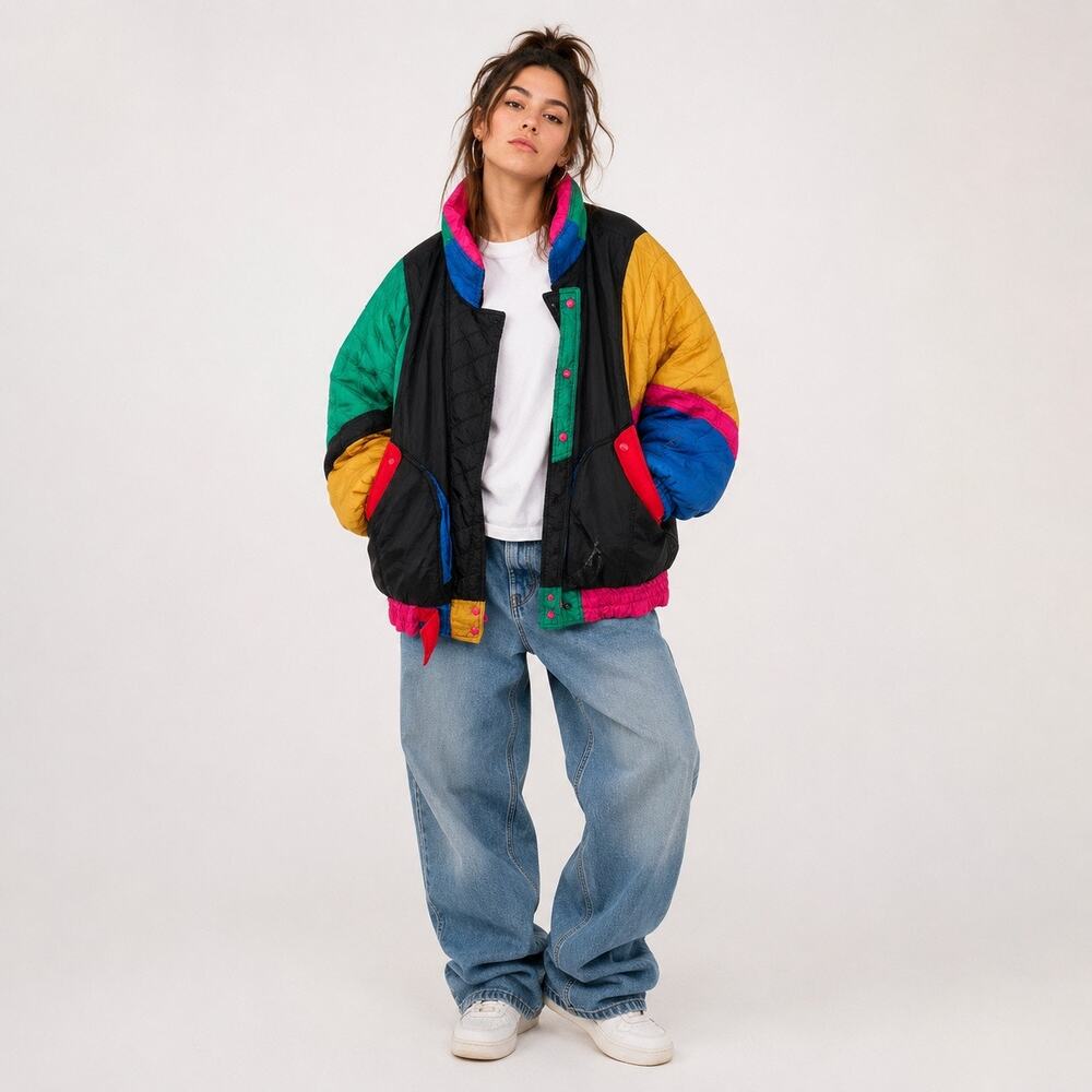 Vintage 90s Burlington CFW Colorblock Down Puffer Bomber Jacket L Streetwear